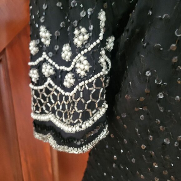 Vintage Lawrence Kazar Beaded & Sequined Black Silk Blouse With Silver Embellish - Picture 2 of 8